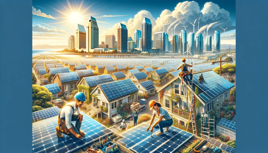 A Hispanic female engineer and a Caucasian male technician installing solar panels in San Diego, with the city skyline in the background.