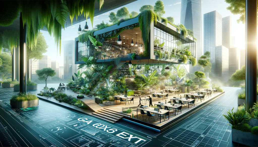 Digital illustration of the GA 60x36EXT in a sustainable design setting, surrounded by elements of green architecture, showcasing the integration of technology and eco-conscious design.